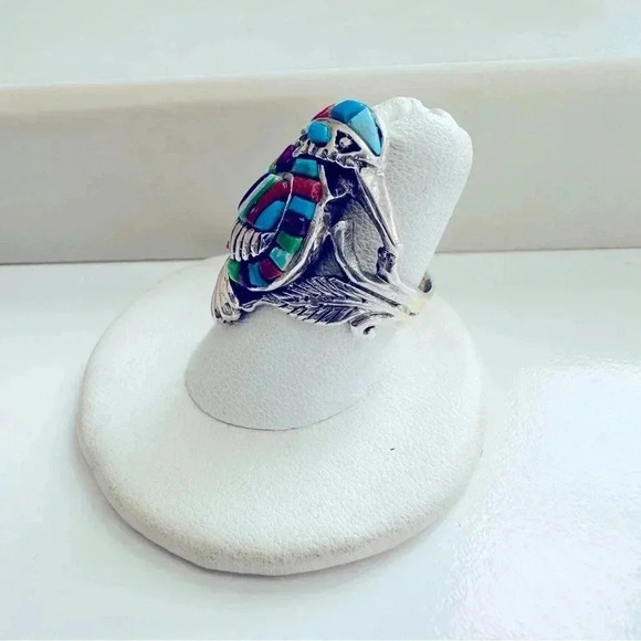 Handmade Sterling Silver & Multi Gem Inlay Bird Ring Size - Picture 3 of 7